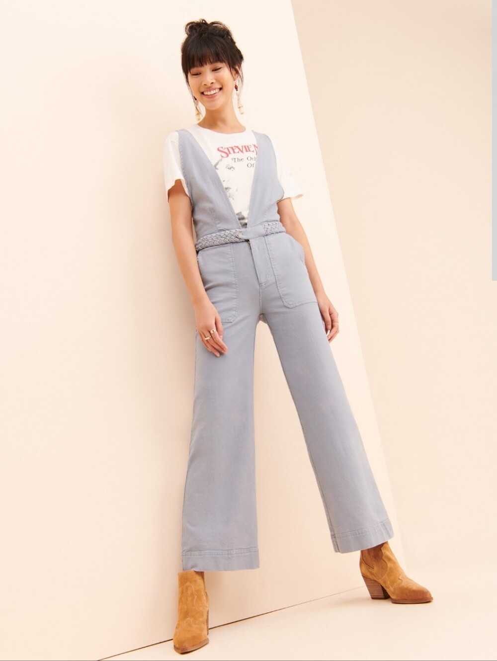 Chaser Light Blue Plunging Wide Leg  Denim Jumpsuit XS